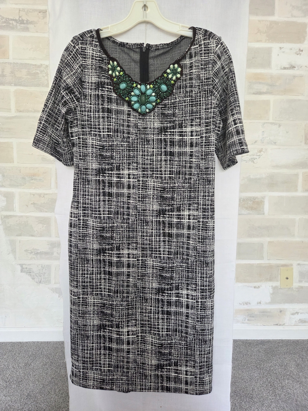 Black & White Textured Shift Dress with Turquoise Embellished Neckline